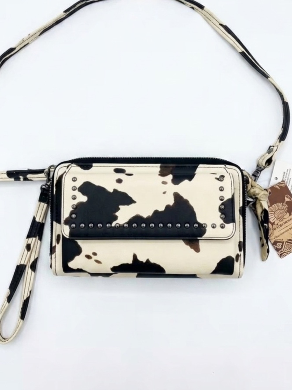 Sam & Hadley Studded Cow Print Wallet On A String Crossbody Bag Wristlet NWT